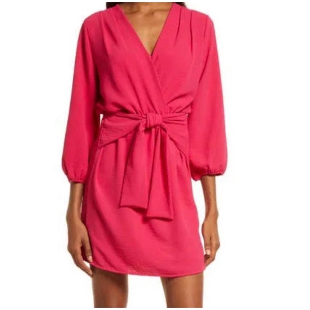 Fraiche by J‎ Pink Long Sleeve Tie Front Surplice V-Neck Mini Dress Medium NWT